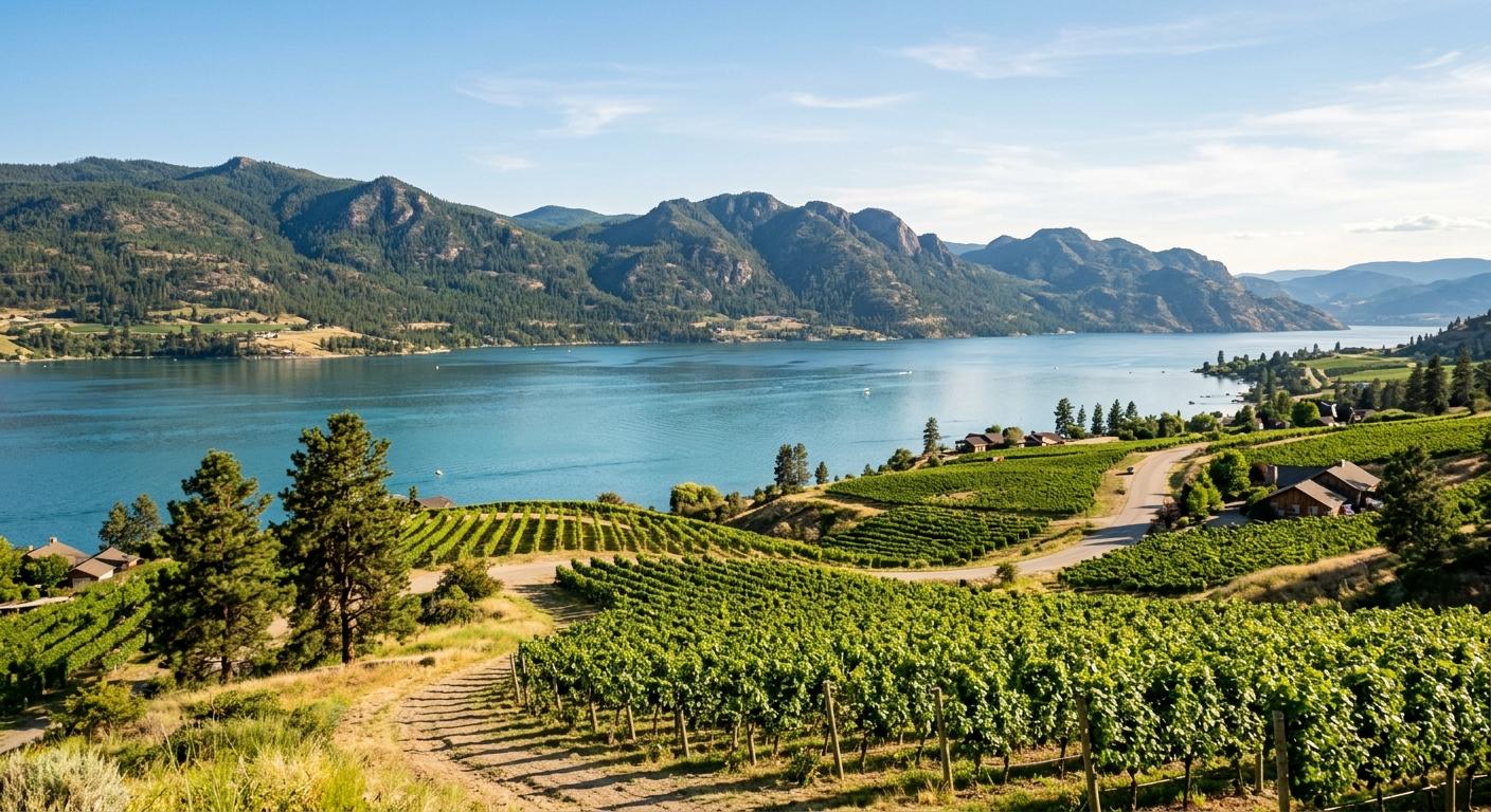 Serene landscape of Naramata Bench with vineyards, mountains, and Okanagan Lake, emphasizing natural beauty. Serene landscape of Naramata Bench with vineyards, mountains, and Okanagan Lake, emphasizing natural beauty.