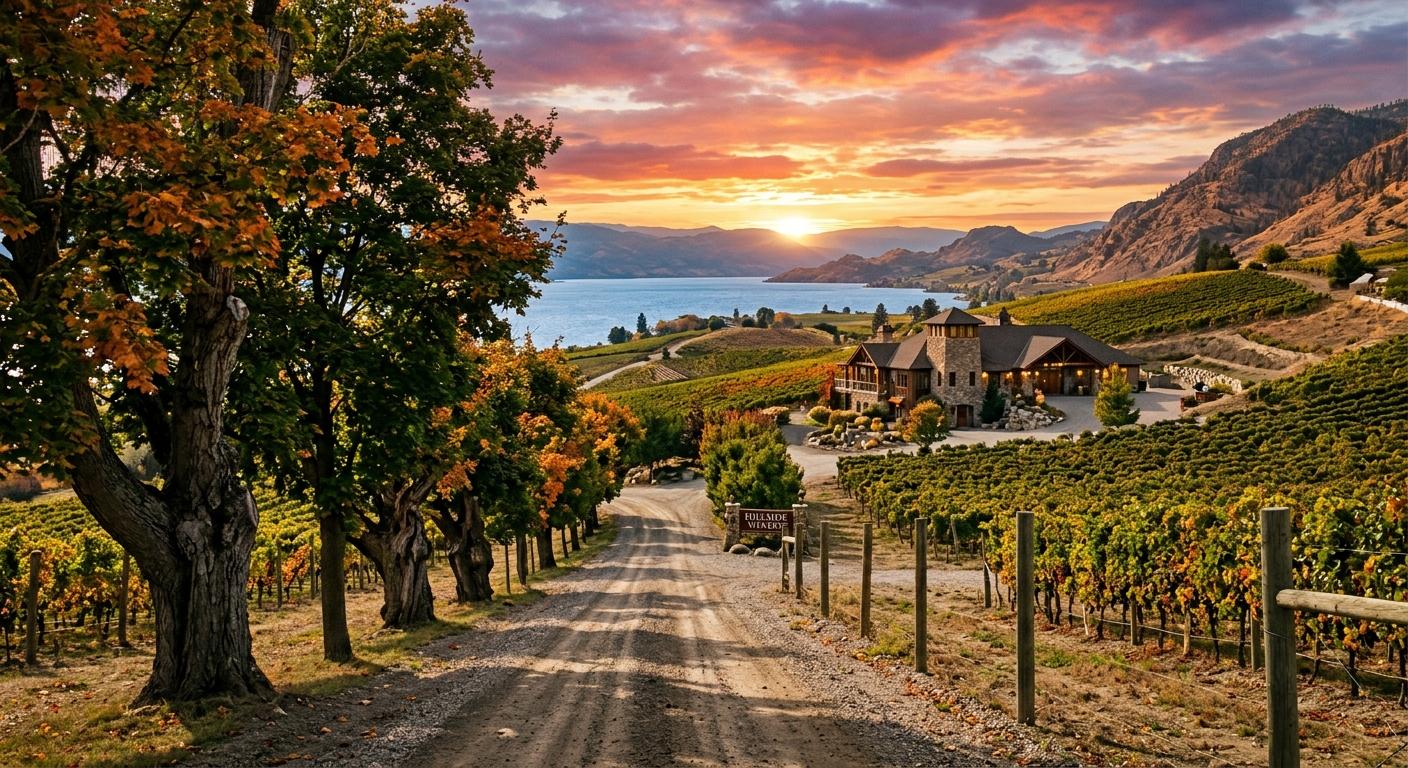 Iconic vineyard path lined with trees at sunset, perfect for inviting travelers to Naramata. Iconic vineyard path lined with trees at sunset, perfect for inviting travelers to Naramata.