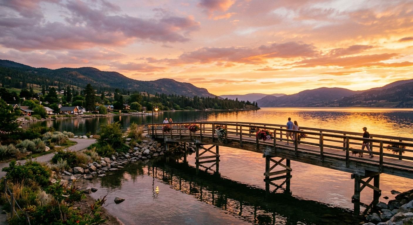 Charming waterfront bridge in Naramata with sunset reflections, enhancing scenic beauty. Charming waterfront bridge in Naramata with sunset reflections, enhancing scenic beauty.
