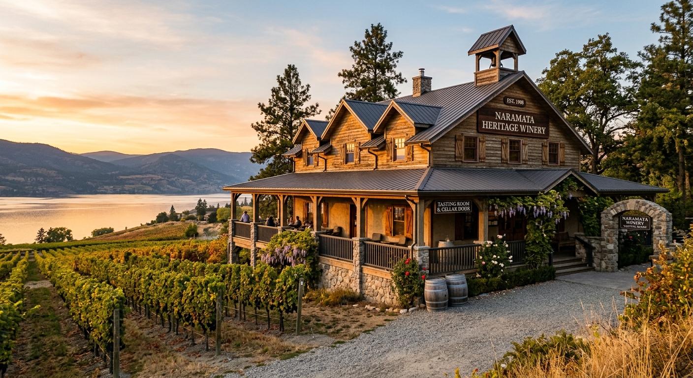 Historic winery in Naramata showcasing traditional architecture, illuminated by golden hour light. Historic winery in Naramata showcasing traditional architecture, illuminated by golden hour light.