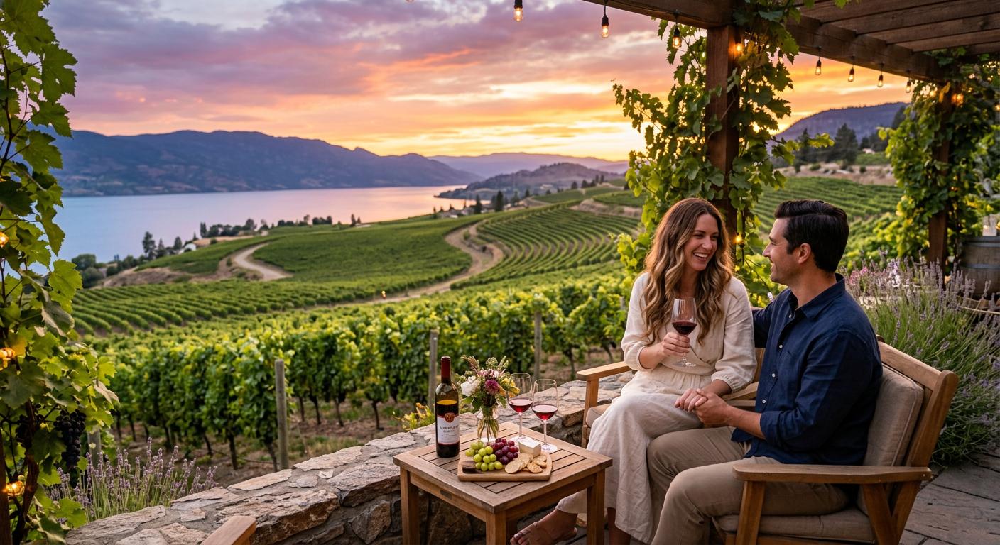 Romantic sunset view over a Naramata vineyard with rolling hills, ideal for wine lovers. Romantic sunset view over a Naramata vineyard with rolling hills, ideal for wine lovers.