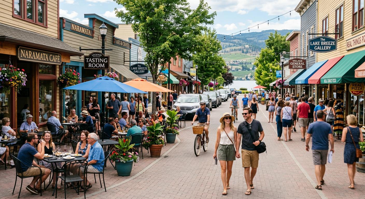 Charming Naramata boulevard filled with vibrant shops and bustling outdoor cafés. Charming Naramata boulevard filled with vibrant shops and bustling outdoor cafés.