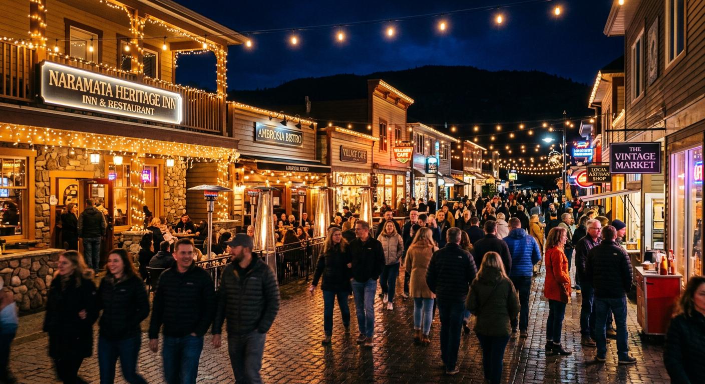 Energetic Naramata city center at night adorned with charming lights and vibrant life. Energetic Naramata city center at night adorned with charming lights and vibrant life.