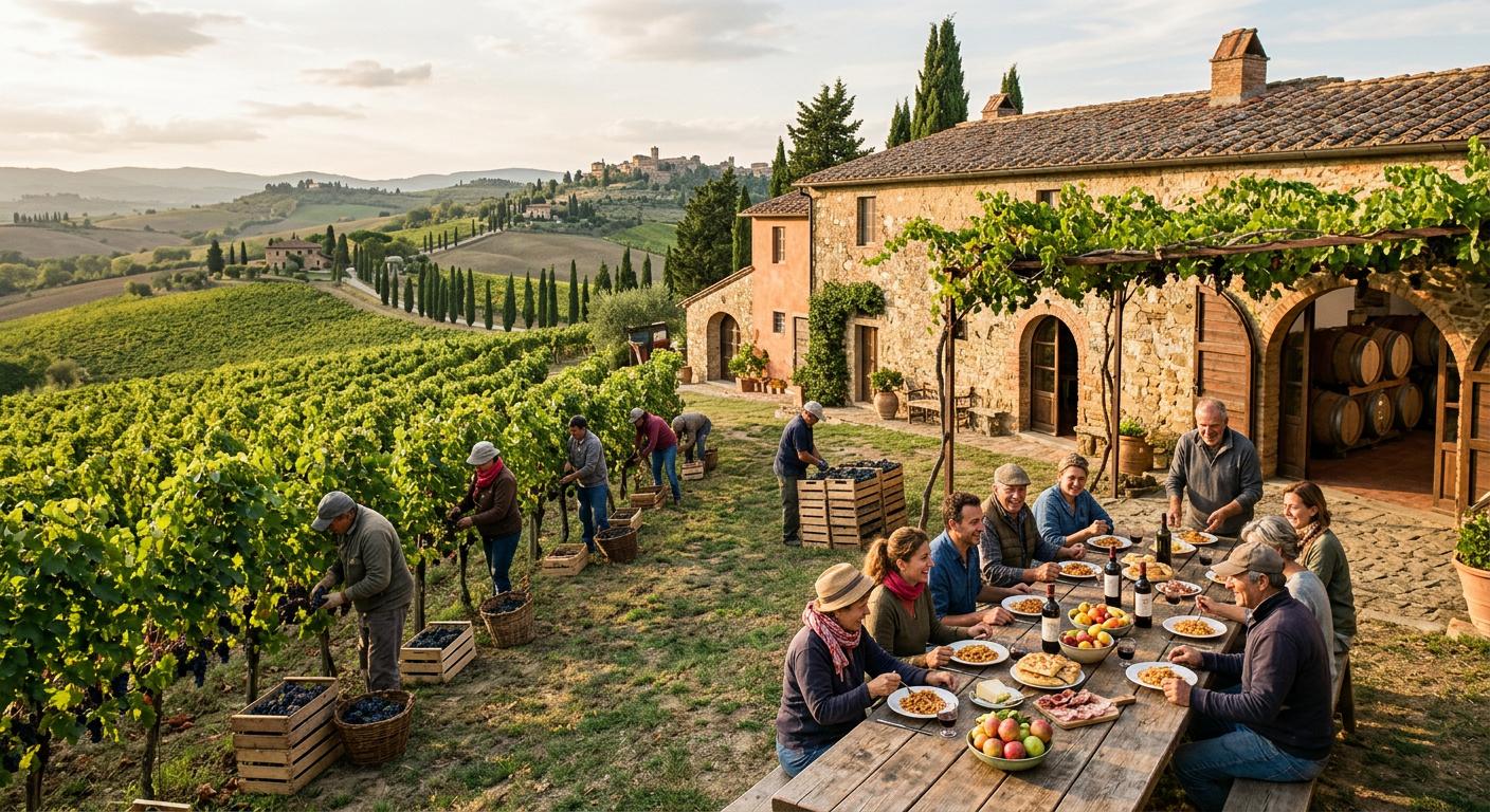 Vibrant vineyard during grape harvest in Naramata, showcasing authentic culinary experiences. Vibrant vineyard during grape harvest in Naramata, showcasing authentic culinary experiences.