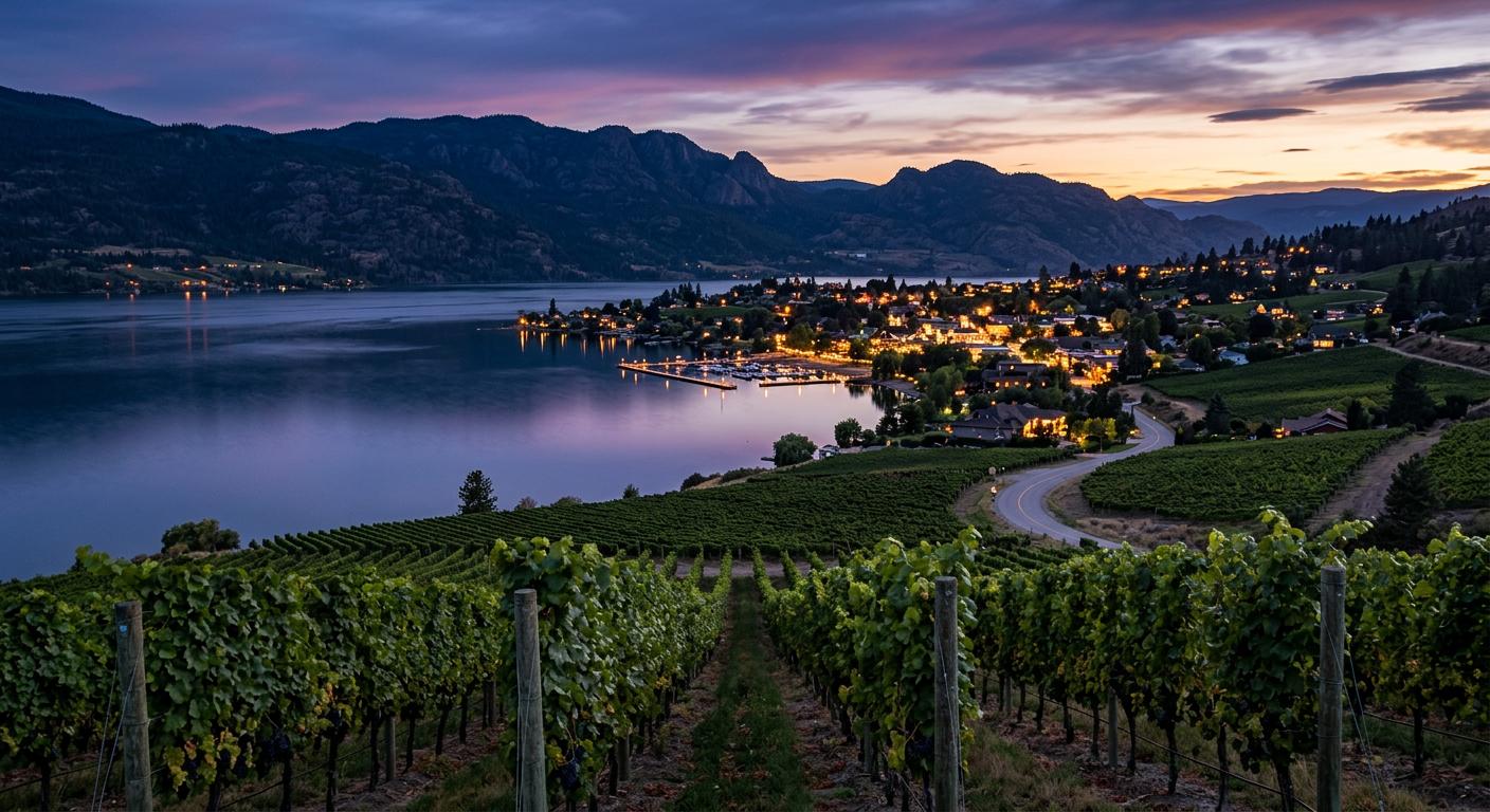 Naramata skyline at dusk blending vineyard and urban views, captured beautifully. Naramata skyline at dusk blending vineyard and urban views, captured beautifully.