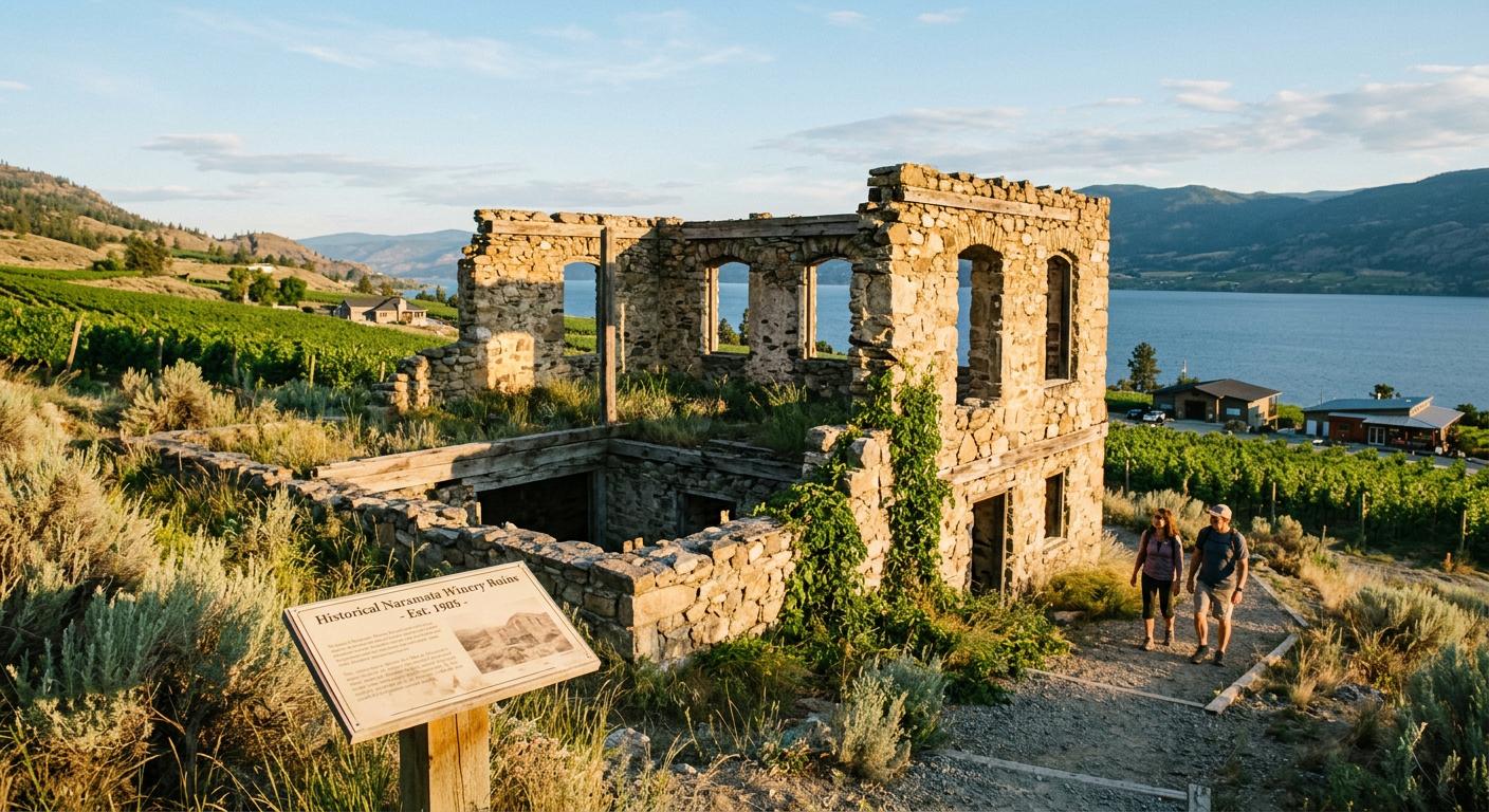 Historical winery ruins in Naramata bathed in golden sunlight, showcasing archaeological significance. Historical winery ruins in Naramata bathed in golden sunlight, showcasing archaeological significance.