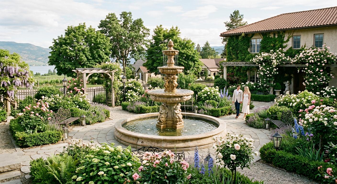Charming fountain in Naramata surrounded by lush gardens, creating a romantic setting. Charming fountain in Naramata surrounded by lush gardens, creating a romantic setting.
