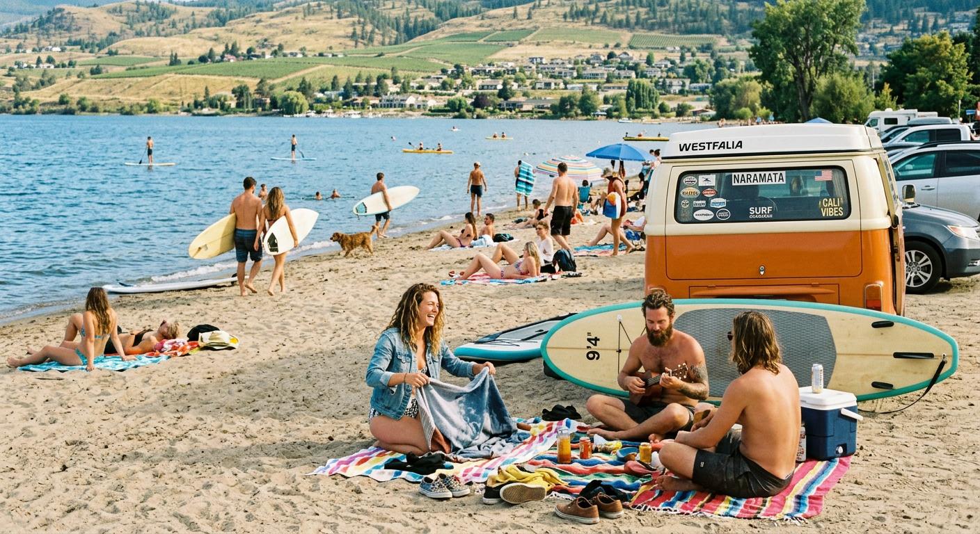 Idyllic Naramata beach capturing locals enjoying summer leisure activities. Idyllic Naramata beach capturing locals enjoying summer leisure activities.