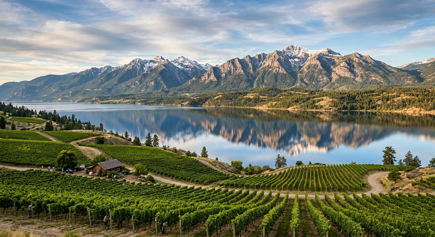 Stunning mountain range behind Naramata vineyards, reflecting natural beauty and wilderness. Stunning mountain range behind Naramata vineyards, reflecting natural beauty and wilderness.