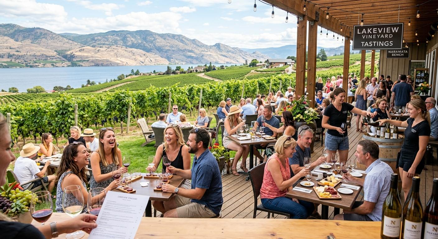Visitors enjoying tastings at Naramata Wineries, capturing vibrant energy and world-renowned appeal. Visitors enjoying tastings at Naramata Wineries, capturing vibrant energy and world-renowned appeal.