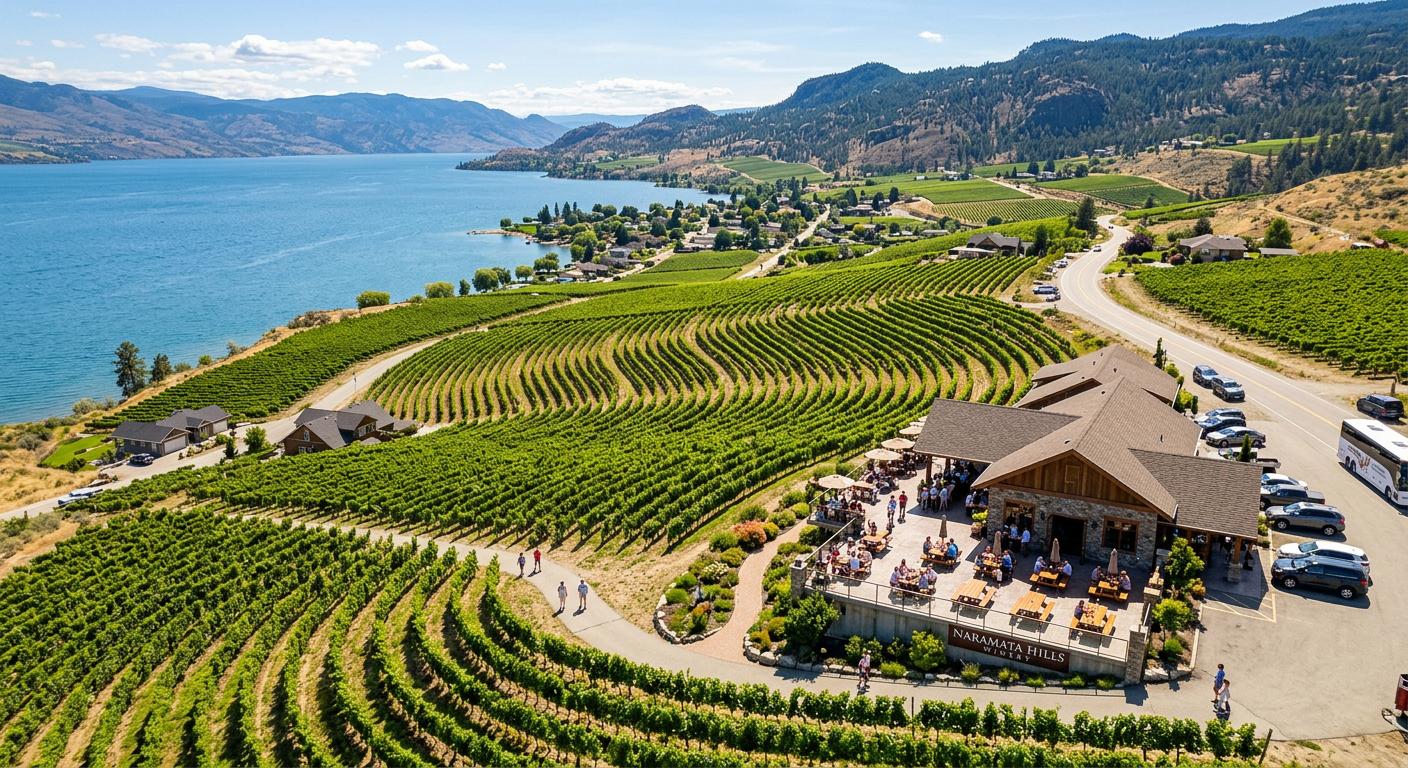 Unique overhead view of iconic Naramata vineyard, showcasing its tourist-friendly environment. Unique overhead view of iconic Naramata vineyard, showcasing its tourist-friendly environment.