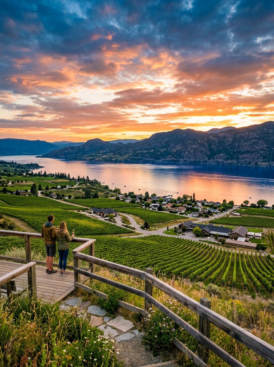 Scenic viewpoint of Naramata vineyards and Okanagan Lake at sunset, highlighting exceptional beauty. Scenic viewpoint of Naramata vineyards and Okanagan Lake at sunset, highlighting exceptional beauty.