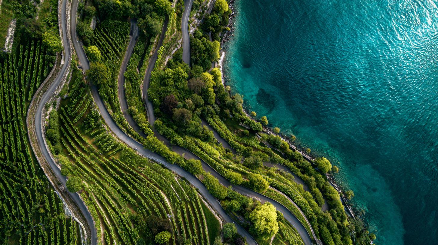 Majestic Kettle Valley Rail Trail with mountain views, inviting biking adventures in Naramata. travelnerd-aerial-drone-shot-of-vineyard-terraces-along-lakes-328dae42-6c9c-4cae-8cef-aa09938106c6-2