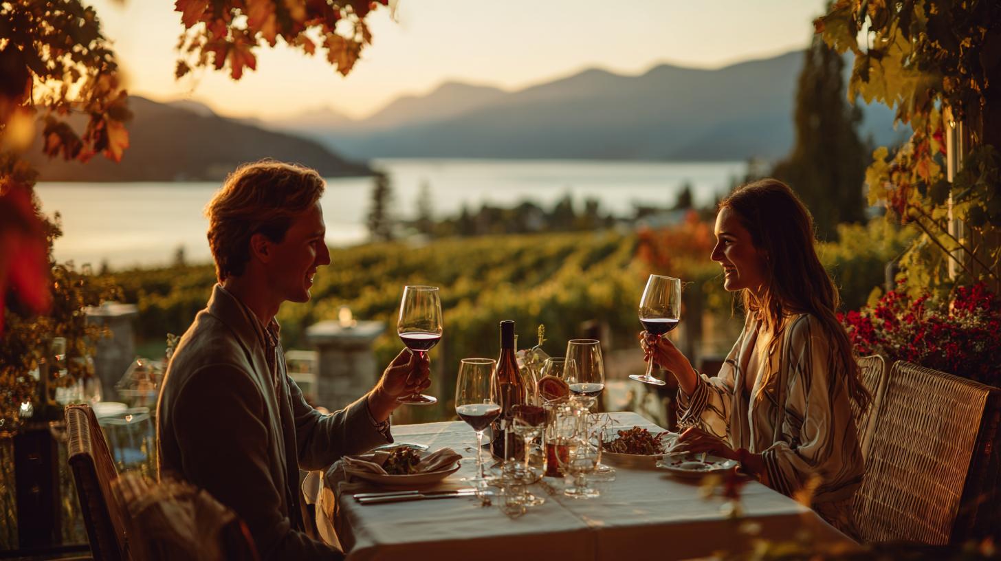 Modern Naramata cityscape at dusk, blending urban life and nature with vineyard backdrop. travelnerd-couple-wine-tasting-on-a-scenic-vineyard-patio-ove-3bb3f31e-557a-4bf4-85b2-0ce18f5d0d1b-2