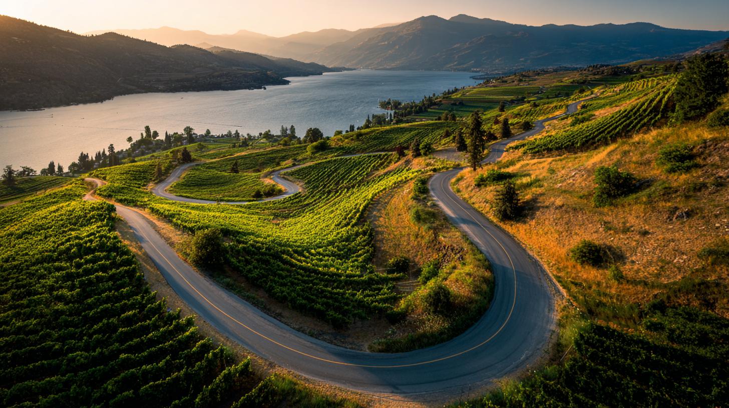 Contrasting terrains of Naramata from lush vineyards to scenic lakes, highlighted by stunning sunset colors. travelnerd-winding-road-through-vineyards-beside-lake-sunlit-0c6b0aba-9b6e-46b0-9aa8-b9b1ad95226e-1