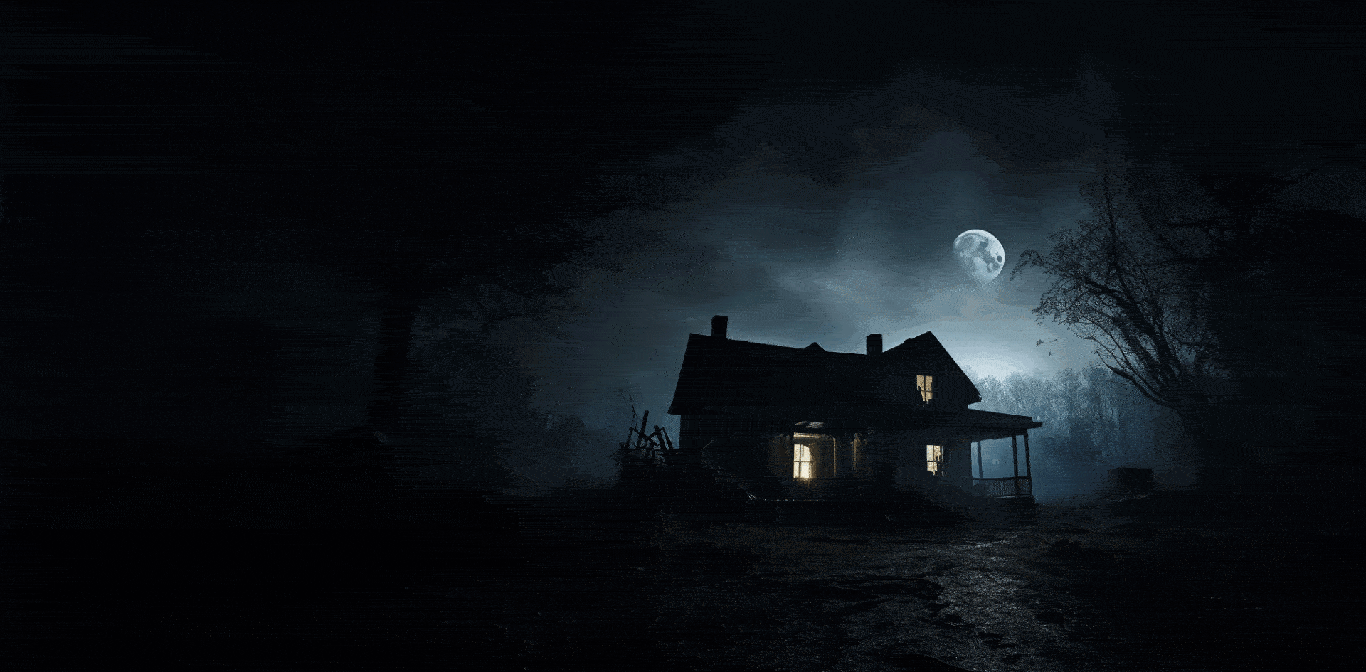 A spooky house under a full moon, surrounded by darkness