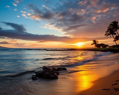 Palm trees framing a picturesque sunset on the beach.