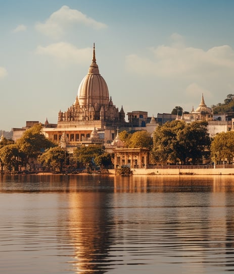 A large building with a large spire in the background