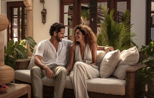 A man and woman sitting on a couch at a rental home in Cartagena
