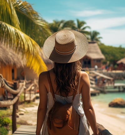 a woman in a hat arriving at La Boquilla