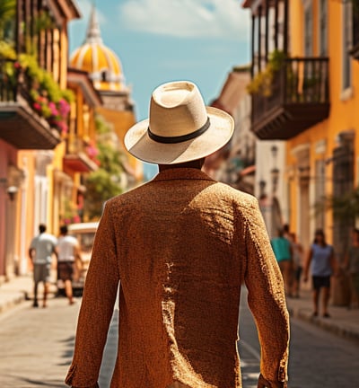 a man in a hat walks down a street in Cartagena de Indias