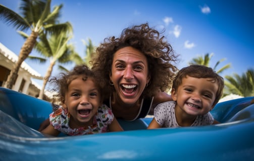 A woman and two children in a pool of their family rental in Cartagena