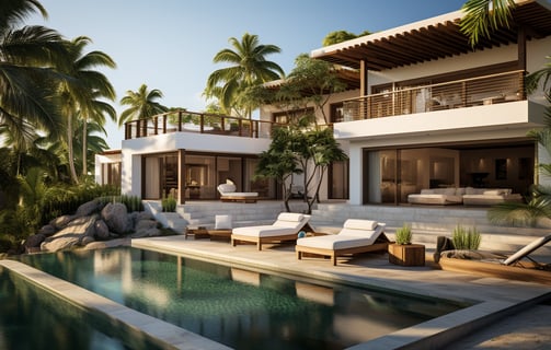 A large pool with a lounge chair and a view of a house