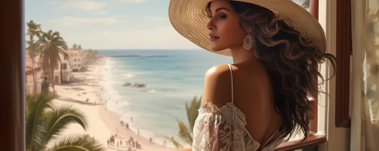 A woman in a hat on a balcony A woman in a hat on a balcony