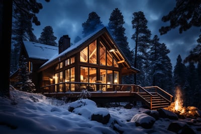 A cabin with a fire pit in the snow