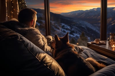 A man sitting on a couch with a dog