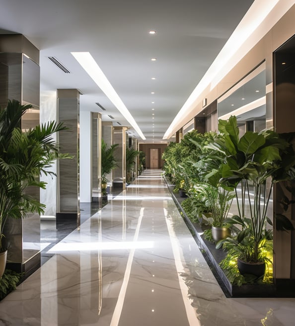 a corridor of a hotel floor