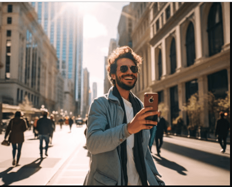 A man in a blue jacket and sunglasses is taking a selfie in Chicago A man in a blue jacket and sunglasses is taking a selfie in Chicago
