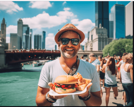A man in a hat and sunglasses holding a plate with a hamburger in Chicago