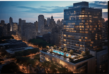 A large building with a pool in the middle of it