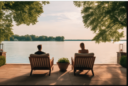 A couple sitting on a patio with a view of a lake