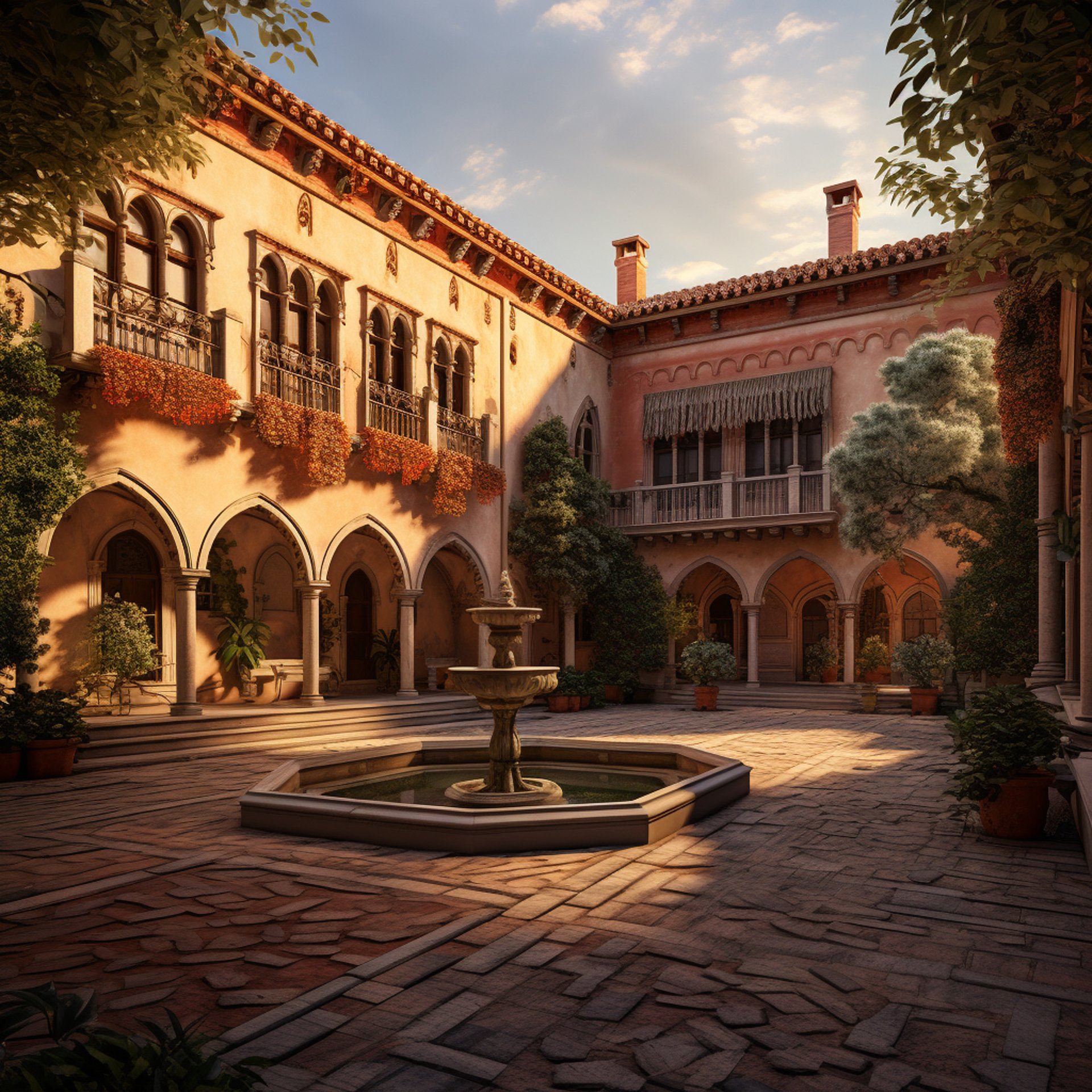 Courtyard with fountain surrounded by lush greenery, creating a serene atmosphere