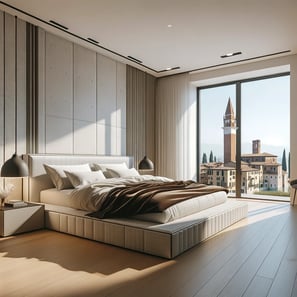 A contemporary bedroom with a cityscape view