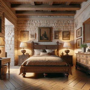 A cozy bedroom with rustic stone walls and a charming wooden ceiling