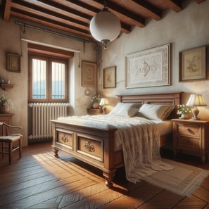 A cozy bedroom with rustic wooden beams and a comfortable bed