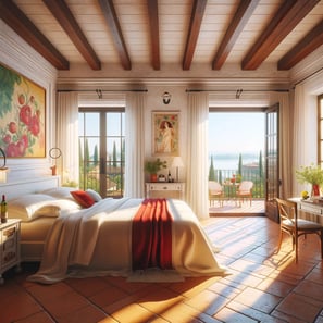 Bedroom with king-sized bed and abstract painting on wall