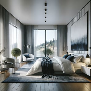 A contemporary bedroom featuring a spacious bed and a prominent artwork