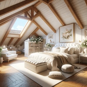 A spacious bedroom with a wooden ceiling and elegant white furniture