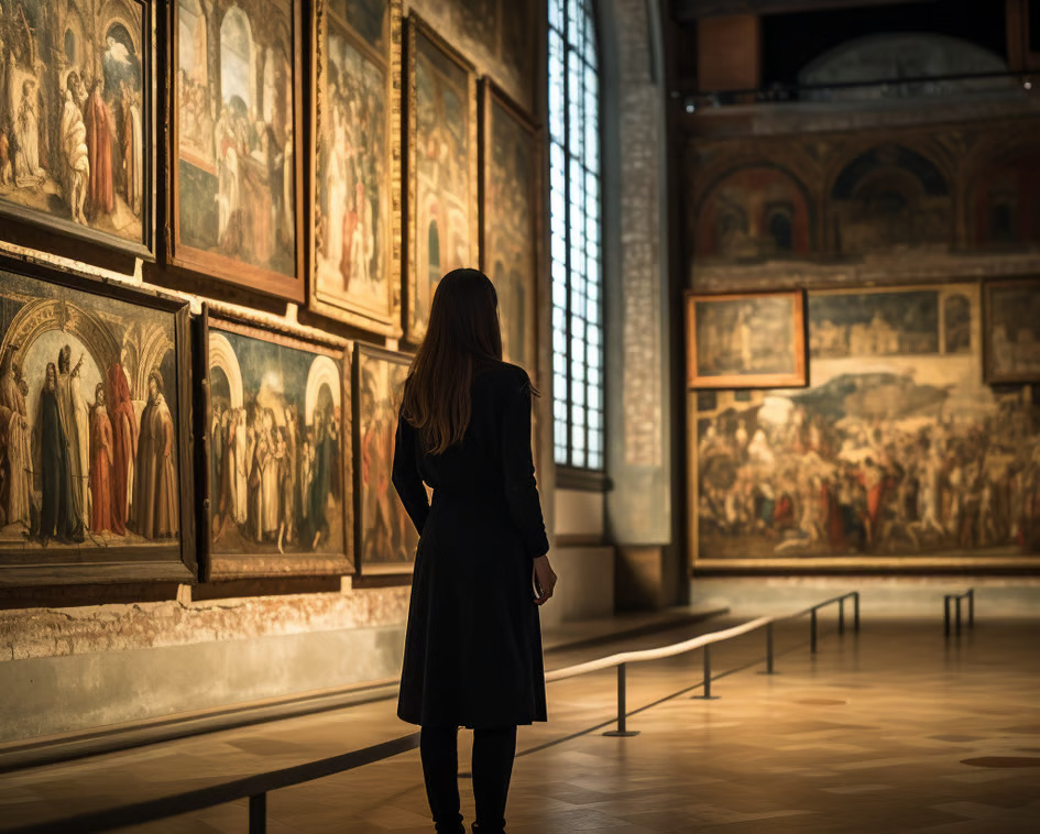 A woman marvels at artwork in a museum, captivated by the beauty and creativity. A woman marvels at artwork in a museum, captivated by the beauty and creativity.