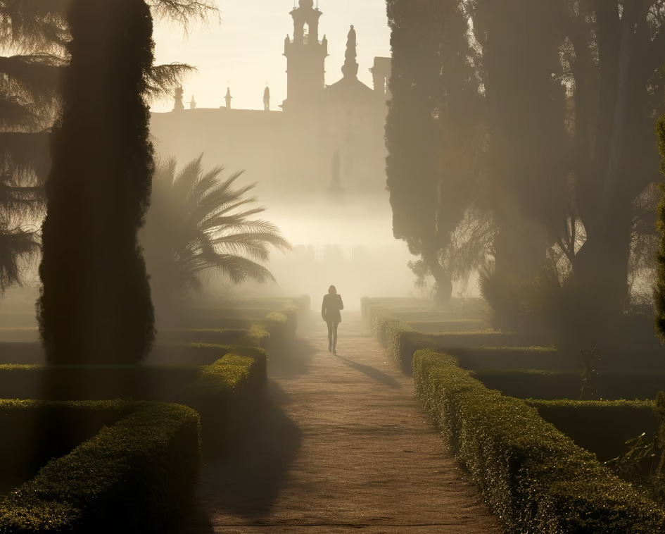 A person strolling through a misty garden with trees and bushes