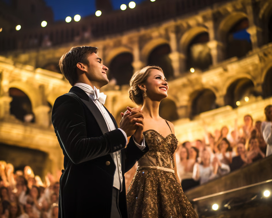A couple in formal attire standing on stage in front of an audience, holding hands and smiling