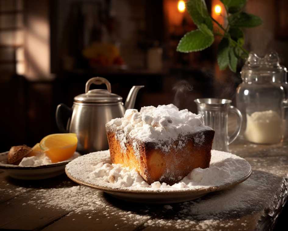 A plate with a slice of cake and a teapot placed on it, ready to be served for a delightful tea time