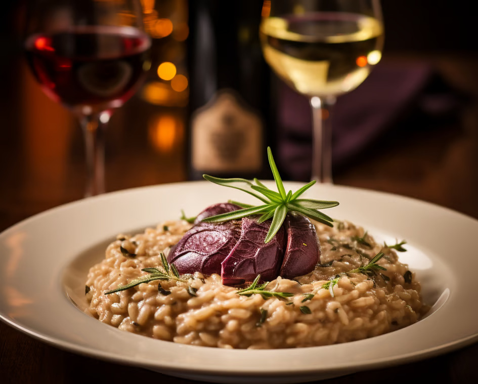 Risotto with red wine and rosemary, a flavorful Italian dish perfect for a cozy dinner