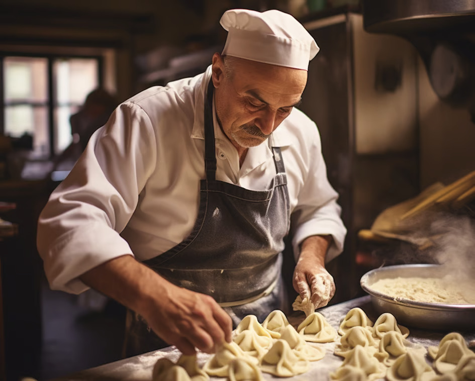Chef in hat making dumplings