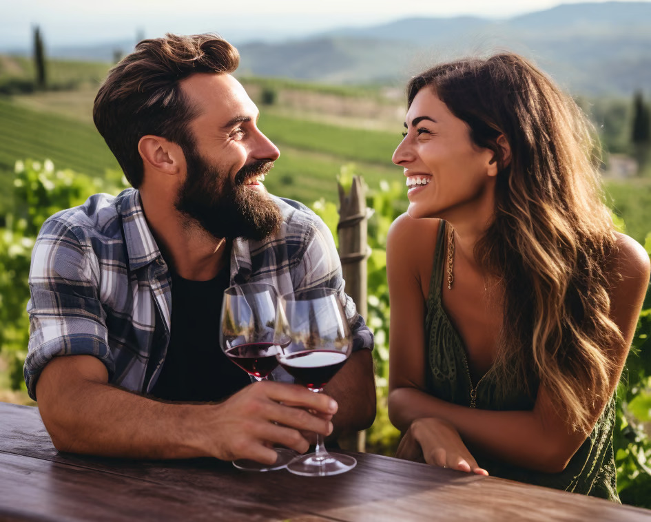 A couple enjoys wine in a scenic vineyard at sunset, surrounded by lush green vines. A couple enjoys wine in a scenic vineyard at sunset, surrounded by lush green vines.