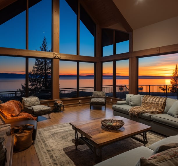 A living room with lake view at sunset through large windows. A living room with lake view at sunset through large windows.